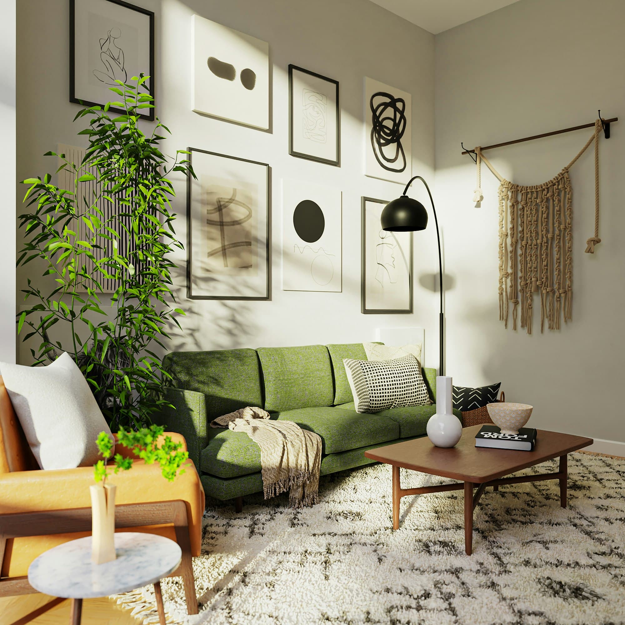 A sunlit living room with a green sofa, plants and framed prints